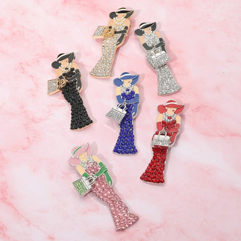 Chic Black Gold Rhinestone Pearls Lady Brooch Pin Elegant Cute Glam Hat Handbag